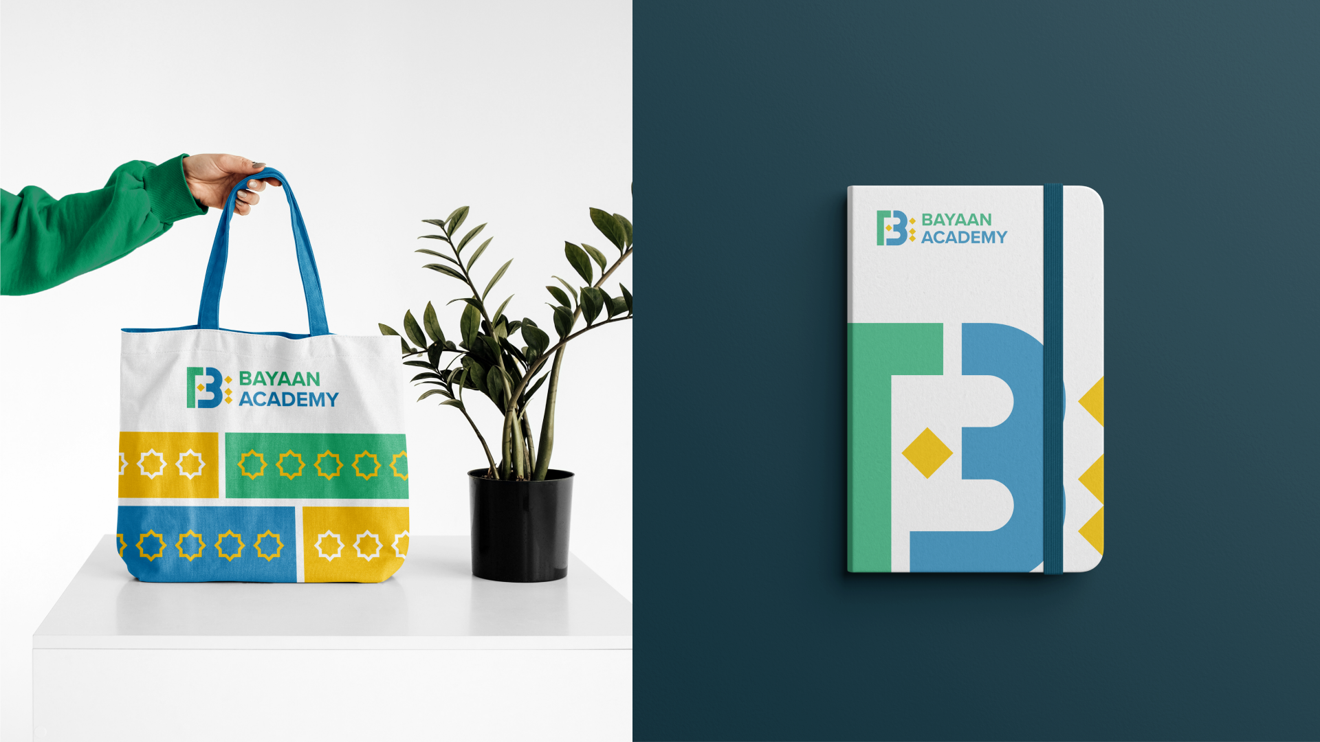 Bayaan Academy tote bag and notebook